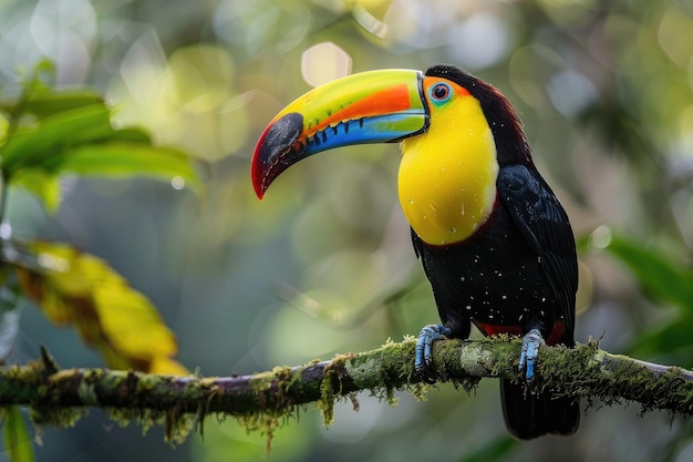 Foto un tucano se sienta en una rama en la lluvia en el bosque tropical