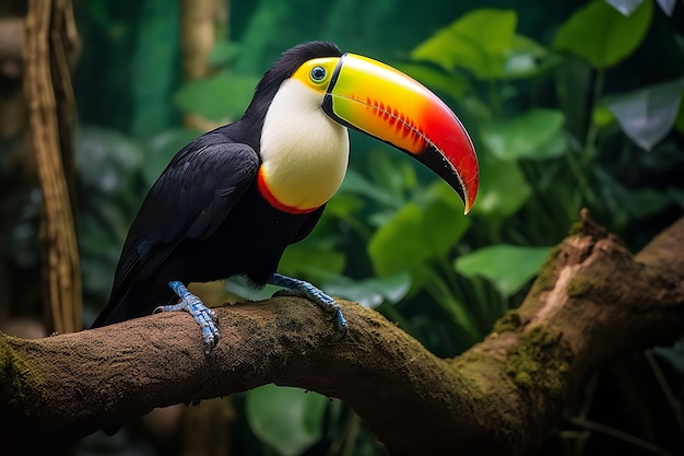 Tucano vibrante empoleirado na floresta tropical