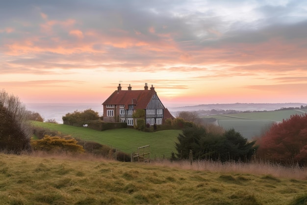 Tudor-Haus mit Blick auf sanfte grüne Hügel, umgeben von pastellfarbenem Himmel