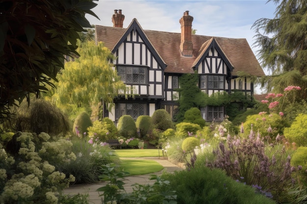 Tudor-Haus, umgeben von üppigem Grün und blühenden Blumen mit Blick auf den umliegenden Park