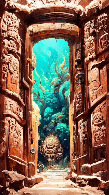 Tür im Maya-Stil unter dem Meer 3D-Darstellung