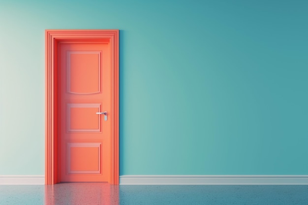 Tür und Haus im Vintage-Stil in 3D-Illustrationsstil auf farbenfrohem Hintergrund