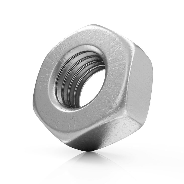 Tuerca de tornillo de acero metálico en blanco