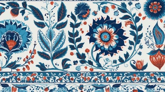Türkische Iznik-Hintergrundtextur, traditionelles Design, Truthahn-Blumenmuster, nahtlos, generative KI