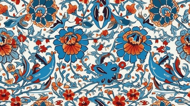 Türkische Iznik-Hintergrundtextur, traditionelles Design, Truthahn-Blumenmuster, nahtlos, generative KI