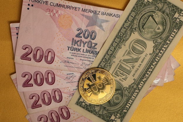 Türkische Lira-Banknoten US-Dollar und Bitcoin-Münze
