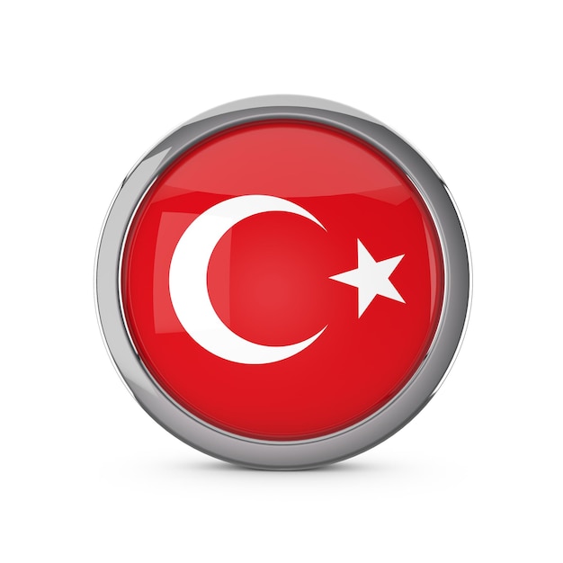 Türkische Nationalflagge in glänzender Kreisform mit Chromrahmen 3D-Rendering
