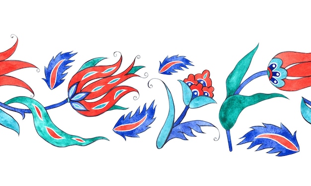 Türkische Tulpenblumen und Blätter Fantasie-Dekorationselement nahtloses Muster Grenze der Aquarelle