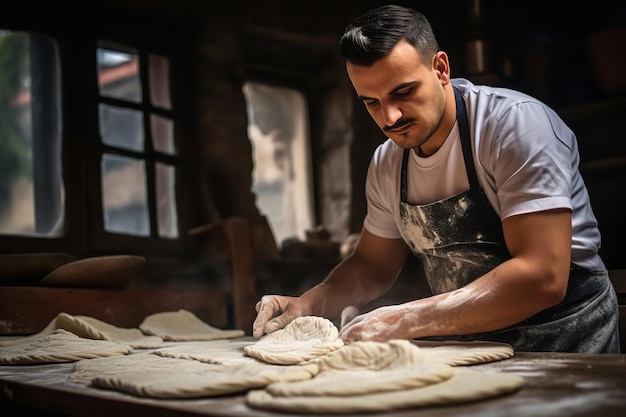 Türkischer Koch stellt Lavash-Brot von Hand her