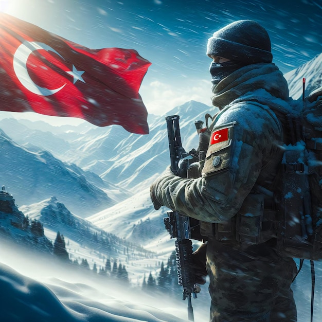 Türkischer Soldat auf einem verschneiten Berg