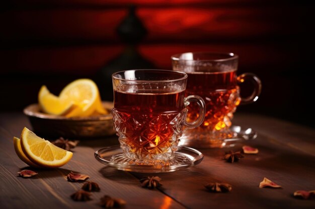 Türkischer Tee in traditionellen zwei Gläsern auf hölzernem Hintergrund
