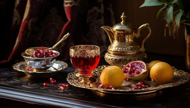 Türkischer Tee serviert zusammen mit reichlich Granatäpfeln Istanbul