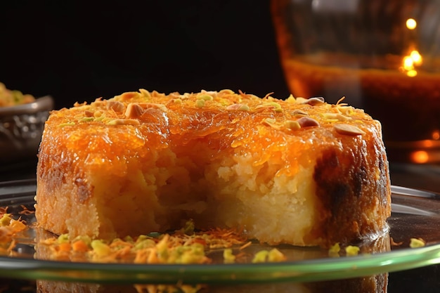Türkisches Dessert Kunefe Kunafa Kadayif mit Pistazien-Walnuss-Pulver und Käse, heiß gegessen und süß