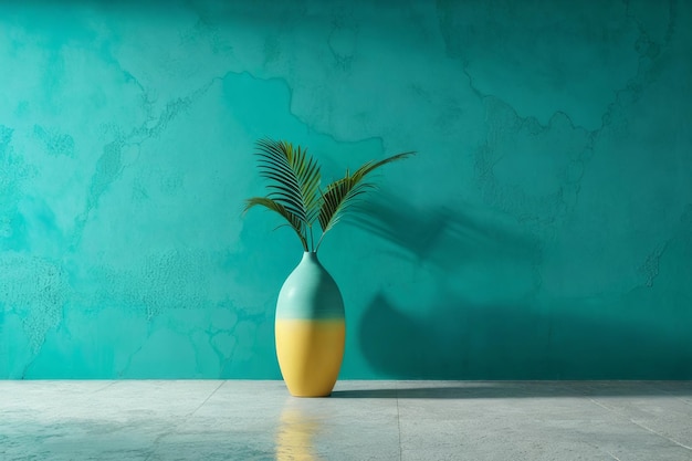 Türkiskeramikvase auf minimalistischem grünem Hintergrund