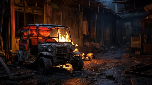 Tuktuk abandonado em um armazém queimado