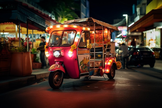 Tuktuk Thailand mit Tempel-Hintergrundillustrationsstil