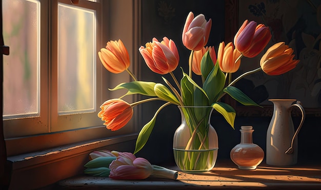 Tulip Flowers in the Moring Sun Spring Theme