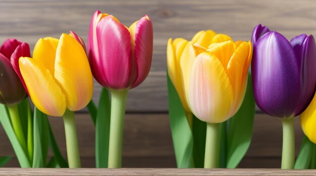 Tulip Kaleidoscope Seis tulipas coloridas em um fundo de madeira dançando com vibração