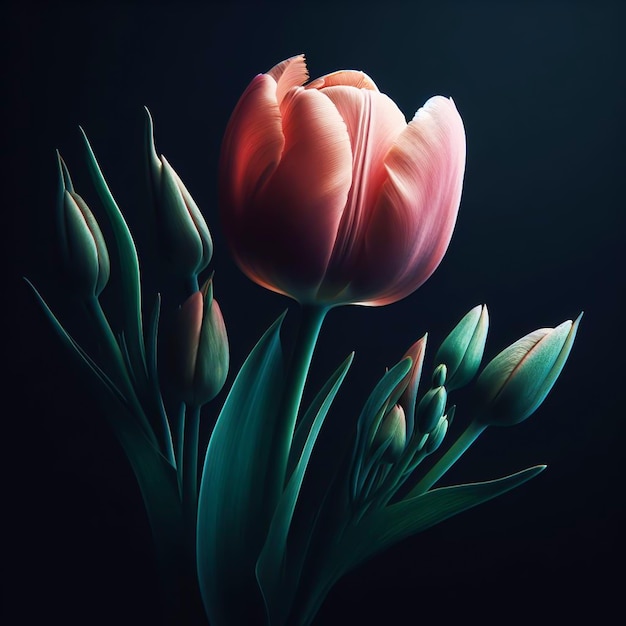 Tulipa isolada em fundo preto Flores e plantas na primavera geradas por IA