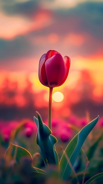 Foto tulipa solitária contra um céu ao pôr-do-sol