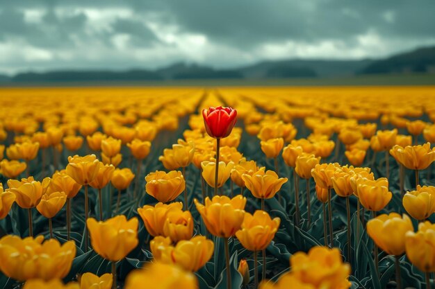 Tulipa vermelha solitária destacando-se em um campo de tulipas amarelas
