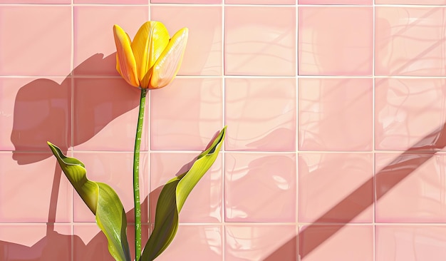 El tulipán amarillo iluminado por el sol contra el fondo de azulejos rosados pastel