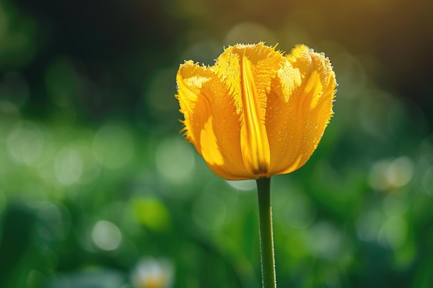 Tulipán amarillo vibrante con borde bordeado en la luz del sol de primavera