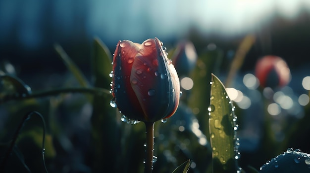 Un tulipán con gotas de agua