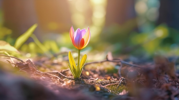 Un tulipán a la luz del sol con el sol brillando a través de las hojas.