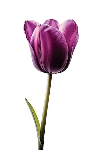 Un tulipán morado con un tallo verde y una hoja verde.