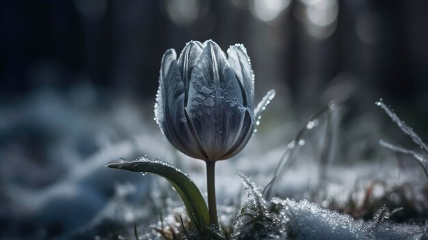 Un tulipán en la nieve con nieve encima