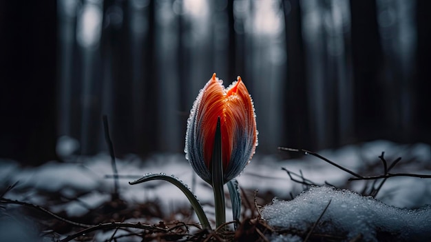 Un tulipán en la nieve con nieve en el suelo.