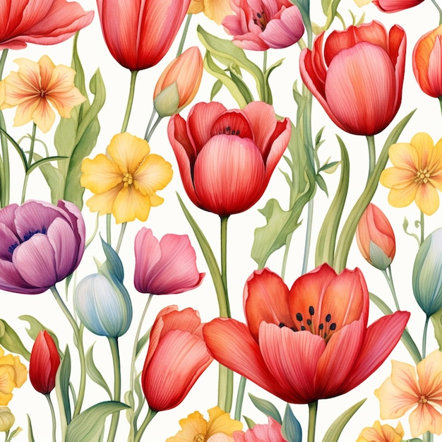 Tulipán rojo flores acuarela patrones sin fisuras de fondo