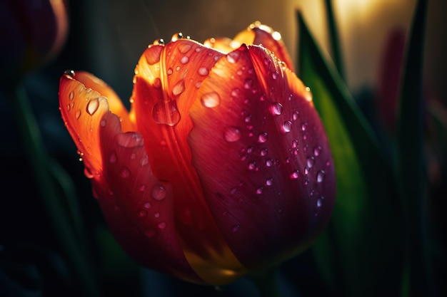 Un tulipán rojo con gotas de agua