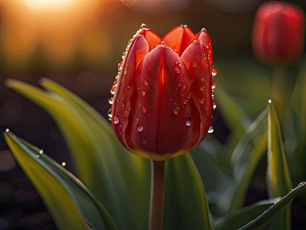 Tulipán rojo con gotas de lluvia en la puesta de sol.