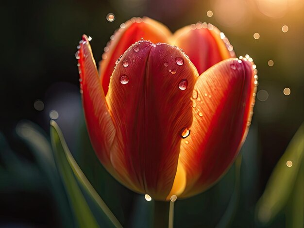 Tulipán rojo con gotas de lluvia en la puesta de sol.