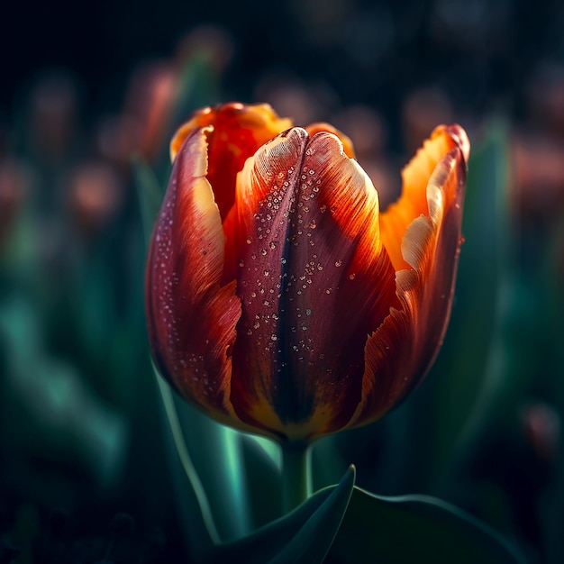 Un tulipán rojo y naranja con la palabra tulipán.