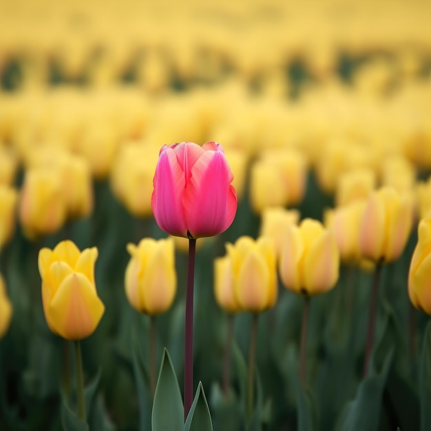 Un tulipán rosa destaca en un campo de tulipanes amarillos.