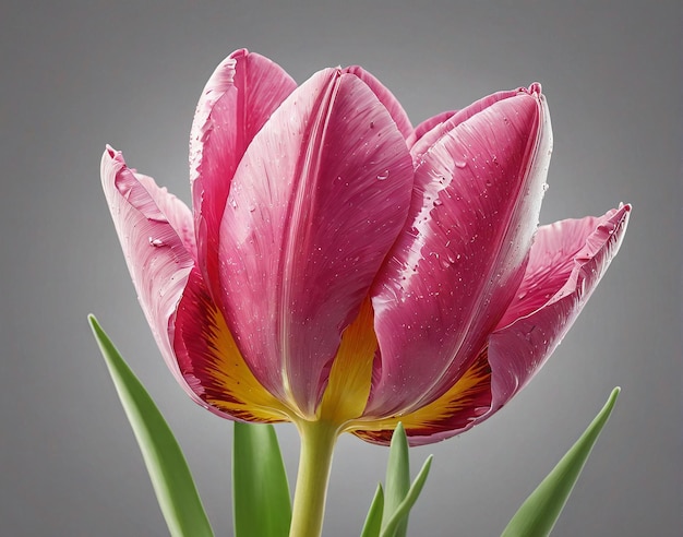 un tulipán rosa con gotas de agua en él