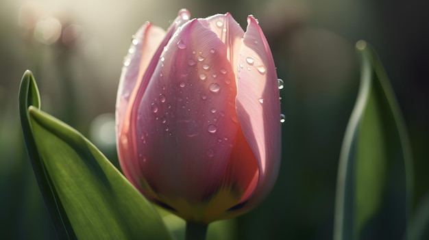 Un tulipán rosa con gotas de agua