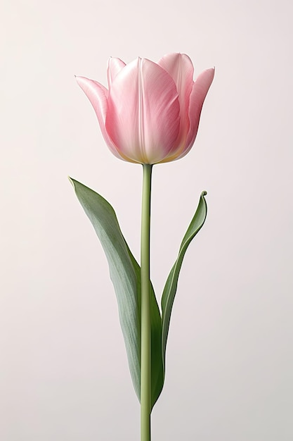 Un tulipán rosa con una hoja verde