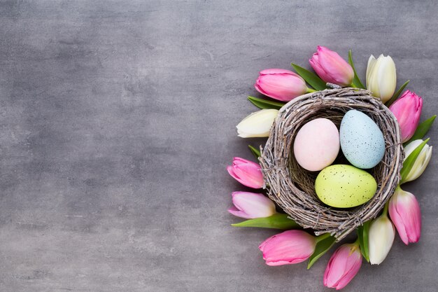 Tulipán rosa con huevos rosados anidan en un gris. Tarjeta de saludos de Pascua.