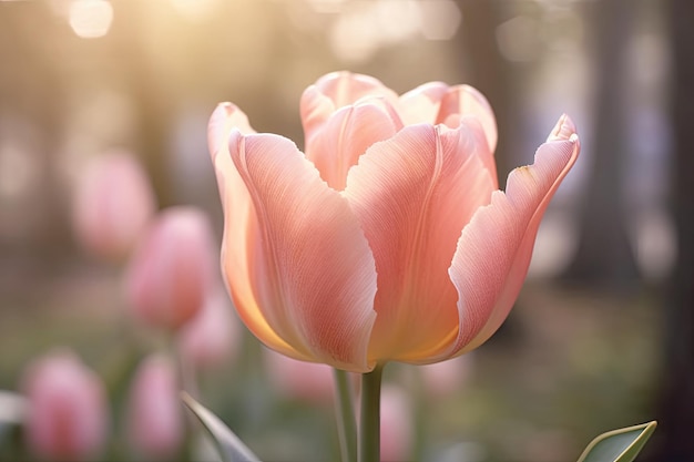 Un tulipán rosa en el jardín con el sol brillando sobre él.