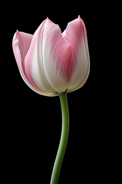 Un tulipán rosa con un tallo verde y una raya blanca.