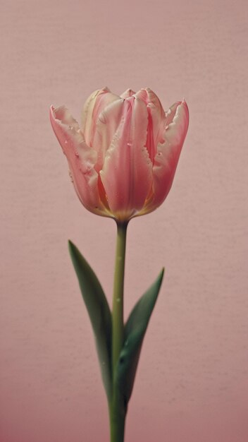 Un tulipán rosado con gotas de agua contra un fondo rosado