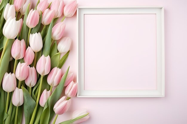 tulipán rosado y marco blanco sobre fondo pastel plano de fondo o tarjeta de felicitación