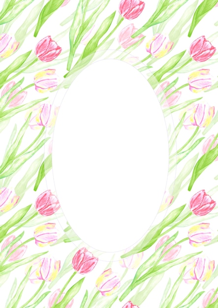 Tulipanes de acuarela dibujados a mano con hojas verdes en el borde del marco de la tarjeta postal Ilustración de flores aisladas en fondo blanco Se puede usar para la primera página de invitaciones de tarjetas postales y otros productos impresos