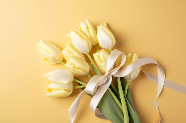 Tulipanes amarillos con una cinta sobre un fondo amarillo