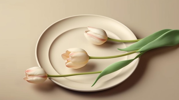 Tulipanes blancos sobre plato de porcelana ai generativo