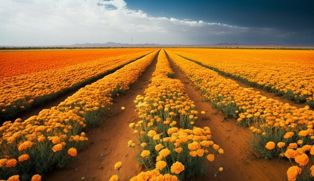 Tulipanes brillantes florecen en un prado bajo la puesta de sol generado por IA